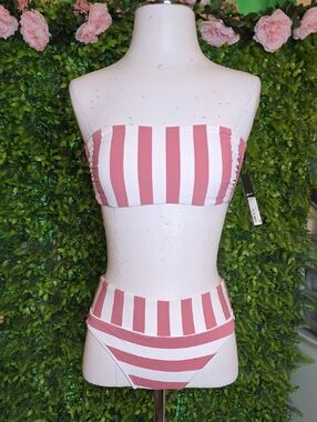 Gianni Bini Rose Pink & White Striped Bandeau Bikini Set